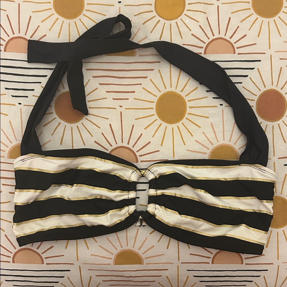 Chic Black and Cream Striped Bikini Top